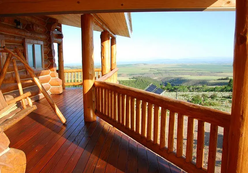 The view across the valley from the lodge’s covered wrap-around deck